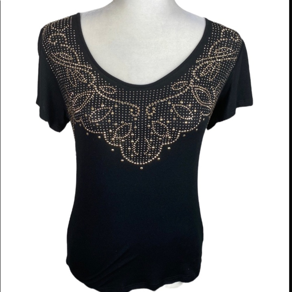 BEBE TOP BLACK AND GOLD